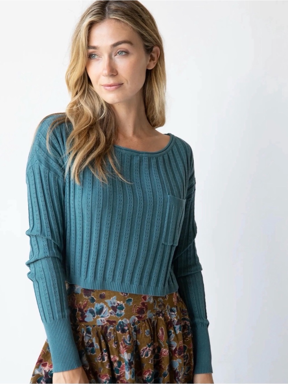 Natural Life Patti Ribbed Cropped Pointelle Layering Sweater Teal Blue Size XL